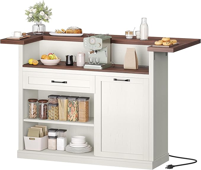 Kitchen Island with Seating, Rolling Kitchen Islands with Storage, 55" W Large Island Table, Breakfast Bar Counter with Drop Leaf, Trash Can Cabinet, Power Outlet for Dining Room, Walnut