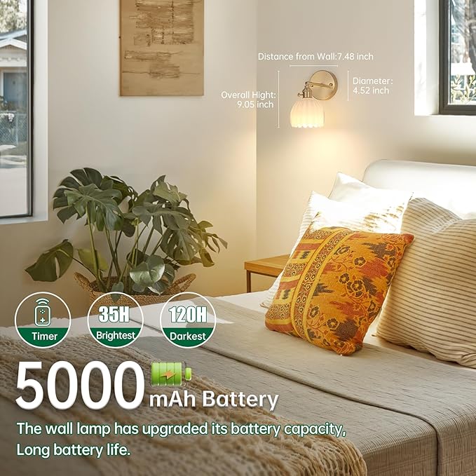 Shenmoyl Vintage Battery Operated Wall Sconce with White Tulip Glass Lampshade 5000 mAh Rechargeable Battery Powered Wall Light with Remote Control for Bedside Bedroom Doorway, Set of 2