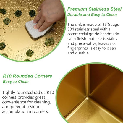 Gold Kitchen Sink Undermount, 33 x 19 Inch Gold Undermount Kitchen Sink Workstation Single Bowl 16 Gauge Stainless Steel Sink with Drain