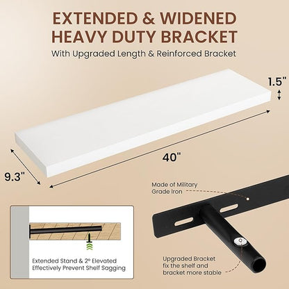 Dreamland 40 Inches Floating Shelves for Wall, 9.3" Deep Long Floating Shelves Set of 2, Large Display & Storage Shelf, Wall Shelf for Bathroom Bedroom Living Room Kitchen Office, White