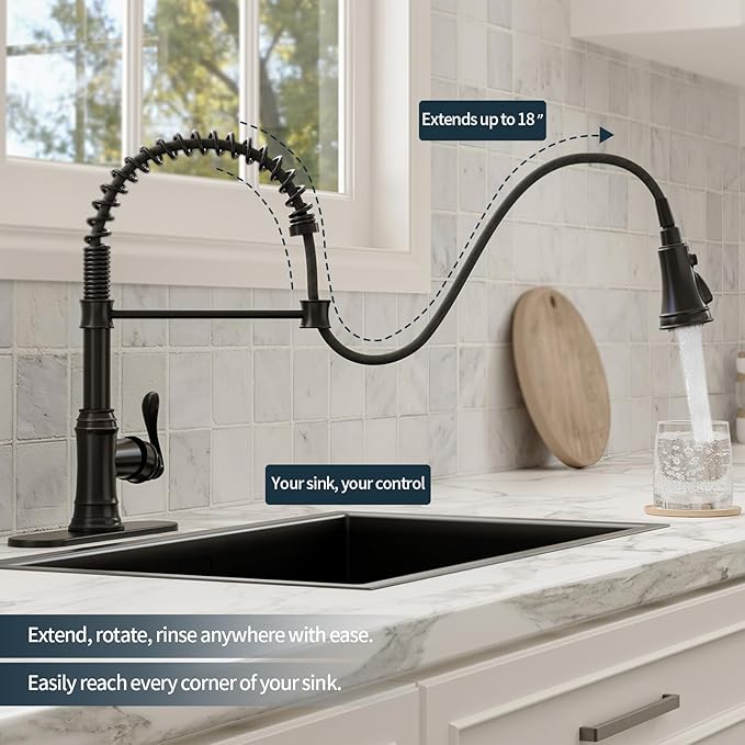 BWE Solid Brass Kitchen Faucet 1 or 3 Hole, Oil Rubbed Bronze Kitchen Sink Faucet with Pull Down Sprayer, Single Handle High Arc Faucet with 3 Mode Spray for RV Farmhouse Bar Kitchen