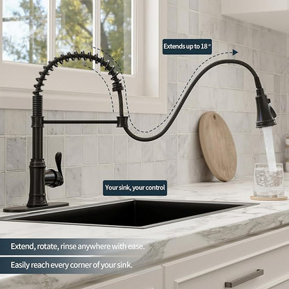 BWE Solid Brass Kitchen Faucet 1 or 3 Hole, Oil Rubbed Bronze Kitchen Sink Faucet with Pull Down Sprayer, Single Handle High Arc Faucet with 3 Mode Spray for RV Farmhouse Bar Kitchen