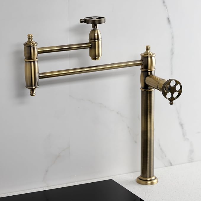 Kingston Brass KS3703RKZ Wendell Two-Handle 1-Hole Deck Mount Pot Filler Faucet with Knurled Handle in Antique Brass