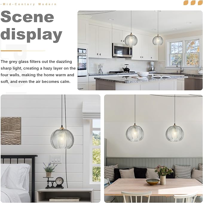 Plug in Globe Pendant Light Set of 2, Smoke Gray Glass Hanging Lights with 14.75Ft Plug in Cord, Vintage Ceiling Pendant Hanging Lamps for Living Room Bedroom Kitchen Dining Room