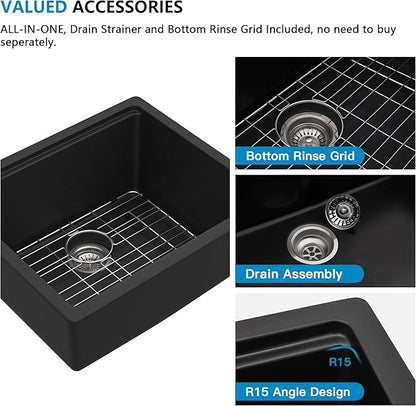 21"x18" Undermount Wet Bar Sink Workstation - Matte Black Granite Composite Quartz Classic Single Bowl Under Counter Small Kitchen Bar Prep RV Sink Basin