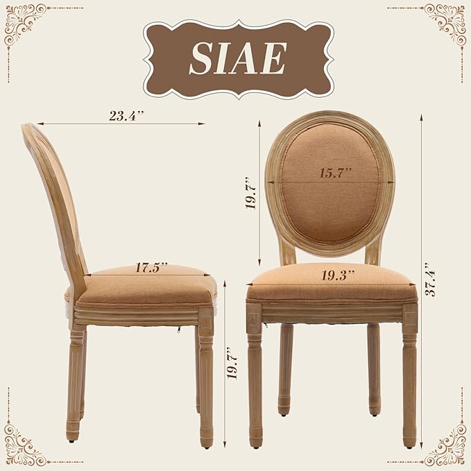 SoarFlash French Dining Chairs Set of 6, Vantage Linen Dining Chair with Round Back, Wood Leg Farmhouse Country Dining Chair for Living Room,Kitchen,Restaurant,Brown