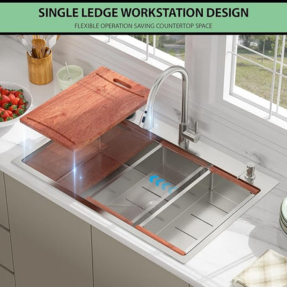 33 Drop In Kitchen Sink - Beslend 33x22 Kitchen Sink Drop In Workstation with Faucet, Stainless Steel Sinks and Soap Dispenser Topmount 16 Gauge Single Bowl Above Counter Dish Basin 9" Deep