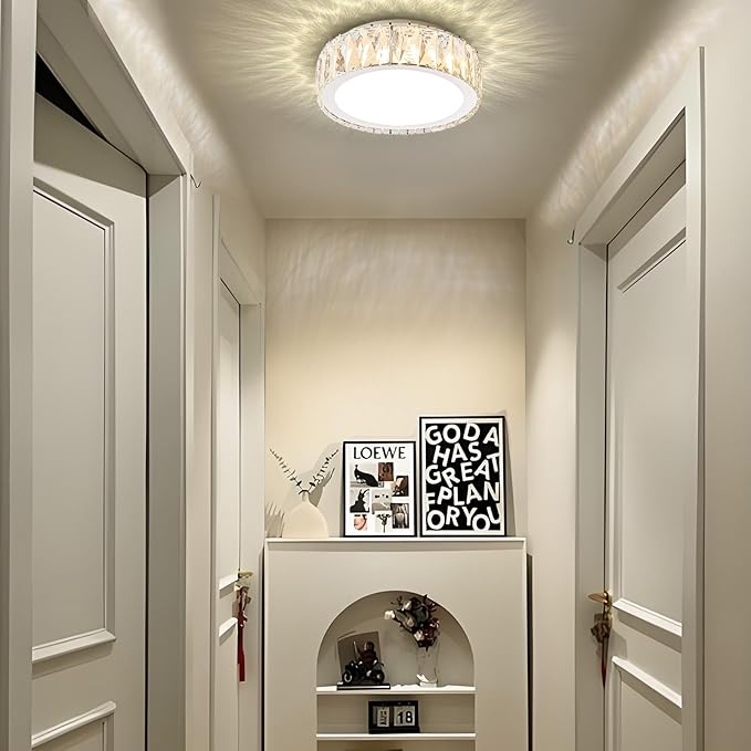 Modern 11 Inch Luxury Crystal Ceiling Light Fixture,Dimmable 3000K-6500K Adjustable LED Lighting Fixtures,Chrome 24W Round Small Chandelier for Kitchen,Bedroom,Laundry Room, Hallway