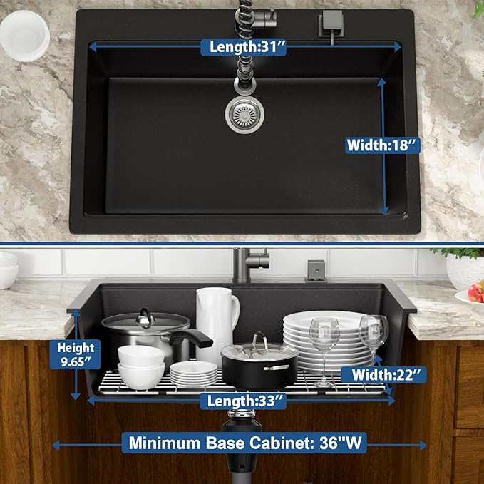Mocoloo 33 Inch Drop in Workstation Kitchen Sink, 33x22 Matte Black Granite Composite Quartz Single Bowl Topmount Ledge Sink Above Counter