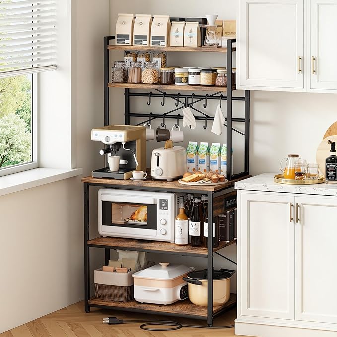 VEVOR Kitchen Bakers Rack with Power Outlets, 31.5 x 15.7 x 63.7Inch Microwave Stand with Built-in Power Strip & 5 Ft Cord, 12 S-Shaped Hooks, for Dish Storage, Spice Jars, Coffee Bar Organization