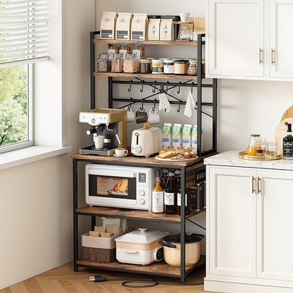 VEVOR Kitchen Bakers Rack with Power Outlets, 31.5 x 15.7 x 63.7Inch Microwave Stand with Built-in Power Strip & 5 Ft Cord, 12 S-Shaped Hooks, for Dish Storage, Spice Jars, Coffee Bar Organization