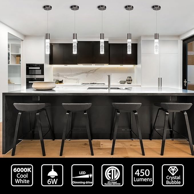 OKELI Pendant Lights Kitchen Island, LED Bubble Crystal Kitchen Island Lights Fixtures, Black Mini Single Pendant Lighting for Kitchen Island Bar,6W,6000K, ETL,3Pack