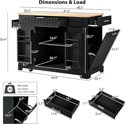 Merax Fluted Kitchen Island with Trash Can Storage Cabinet, Power Outlet, Internal Storage Rack, Rolling Kitchen Storage Cart on 5 Wheels with 3 Drawer, 3 Open Side Racks, Black