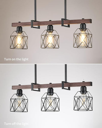 Industrial Pendant Light Fixture, 3-Light Kitchen Island Lighting with Wood Grain Bar and Black Metal Cage, Farmhouse Rustic Hanging Ceiling Lamp for Dining Room, Living Room