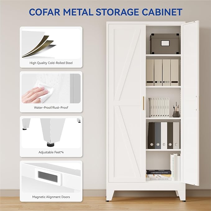 COFaR Metal Pantry Cabinet with Doors, Farmhouse 71'' Tall Storage Cabinet with 4 Adjustable Shelves, Kitchen Pantry Cabinet for Dinning Room, Laundry, Bathroom, Garage, White 5-Tier