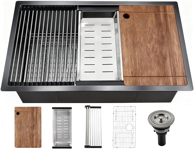 30" Black Stainless Steel Workstation Kitchen Sink, Large Single Bowl Drop-In Undermount Farmhouse Sink (Black, 3018)