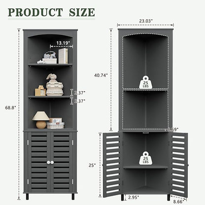 VECELO Tall Corner Cabinet, 68.8'' Storage Cabinet with Doors and Adjustable Shelves, for Living Room, Bathroom, Kitchen, Grey