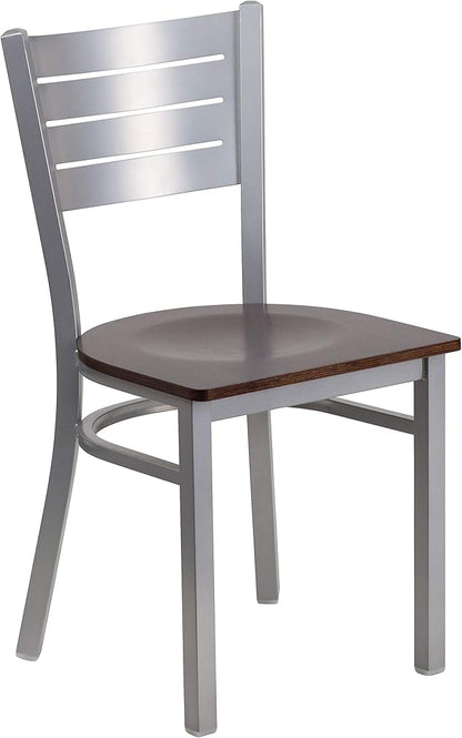 Flash Furniture HERCULES Series Silver Slat Back Metal Restaurant Chair - Walnut Wood Seat