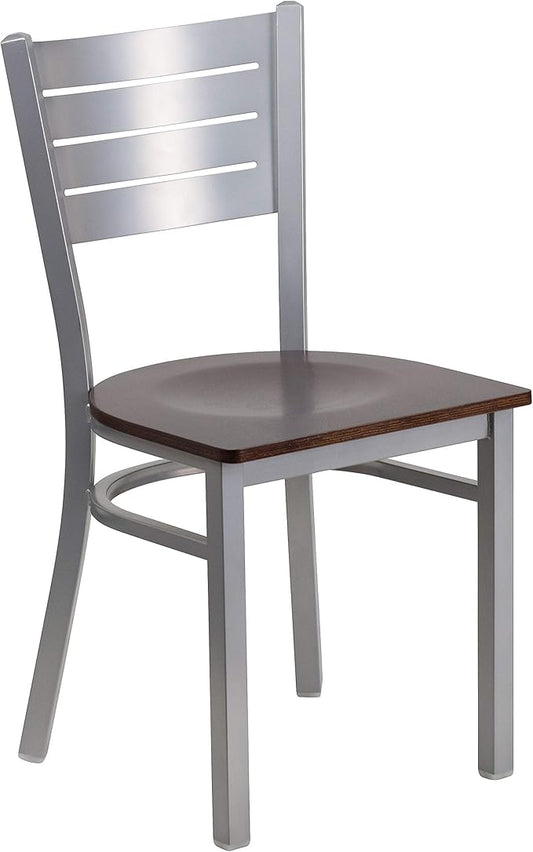 Flash Furniture HERCULES Series Silver Slat Back Metal Restaurant Chair - Walnut Wood Seat