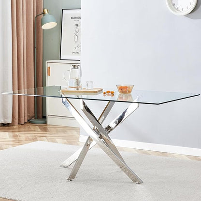 63" Modern Rectangular Glass Dining Table for 4-6, Contemporary Dining Room Table with Tempered Glass Top & Silver Finish Stainless Steel Legs for Kitchen, Home, Dining Room