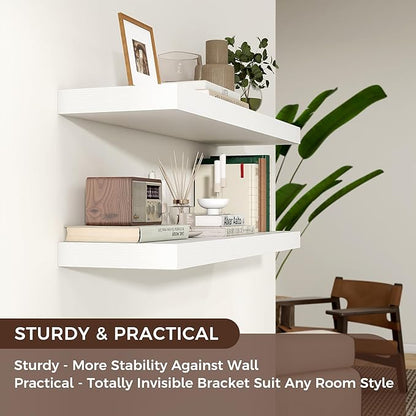 Venusmiles Floating Shelves for Wall, Engineered Wood Wall Shelves with Invisible Brackets for Living Room Bedroom Bathroom Office Kitchen Decor and Storage (White, 48" W x 9" D x 1.5" H) Set of 2