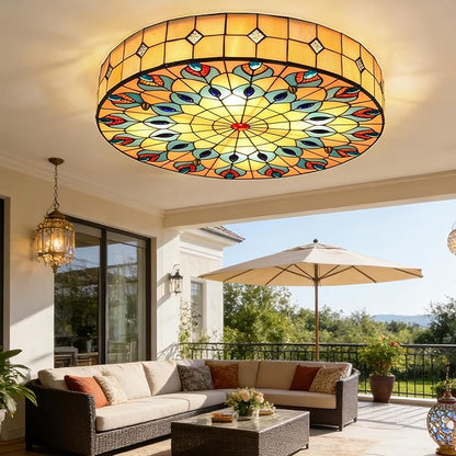 20" Vintage Stained Glass Ceiling Light, 4-Light Stained Glass Flush Mount Light Fixture, Chandelier Ceiling Pandent Lamp for Farmhouse Kitchen Island (Retro)