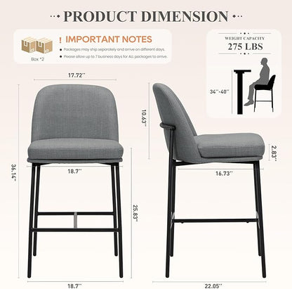COLAMY Counter Height Bar Stools Set of 4, 25 Inch Modern Fabric Kitchen Island Stools with Back, Upholstered Counter Barstools Armless Bar Chairs with Metal Legs for Island Dining Room Bar,Dark Grey