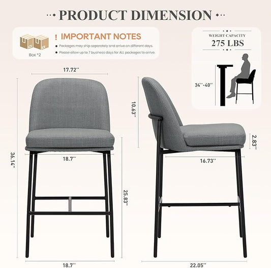 COLAMY Counter Height Bar Stools Set of 4, 25 Inch Modern Fabric Kitchen Island Stools with Back, Upholstered Counter Barstools Armless Bar Chairs with Metal Legs for Island Dining Room Bar,Dark Grey