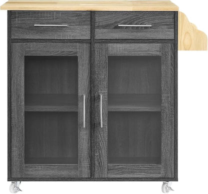 Modway Cuisine Rolling Kitchen Cart with Storage in Charcoal Natural - Portable Island for Kitchen with Spice Rack, Perfect as a Coffee Bar Cabinet, Butcher Block Island or Kitchen Island on Wheels