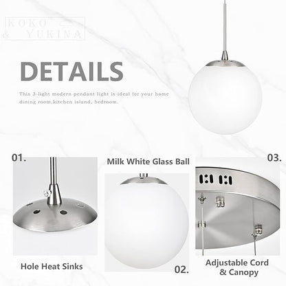 KoKo&Yukina Globe Pendant Light 3 Light Nickel Globe Pendant Lights Kitchen Island Mid Century Light Fixture with Milky White Glass Shade for Dining Room Living Room
