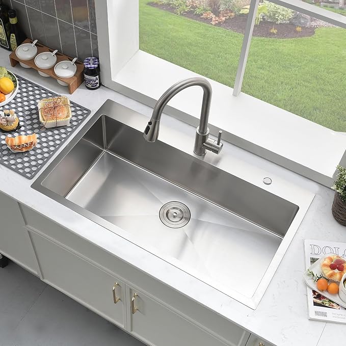 33 Inch Drop In Kitchen Sink with Faucet Combo-Brovy 33x19 Top Mount Stainless Steel Kitchen Sink Drop In 18 Gauge Single Bowl Deep Kitchen Sinks with Mat& Drainer