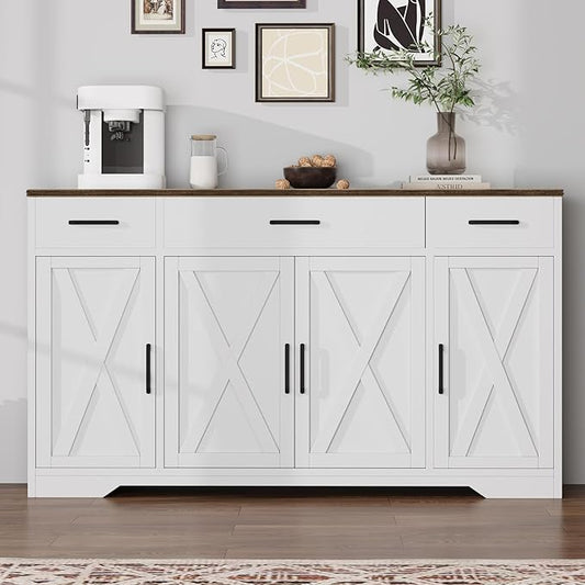 55" Sideboard with Storage Kitchen Storage Cabinet with 3 Drawers, Modern Large Wood Farmhouse Buffet Cabinet TV Stand Coffee Bar for Living Room Hallway