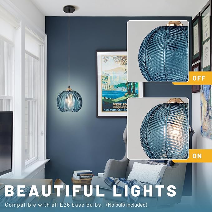 Dark Blue Striped Glass Pendant Light Adjustable Hanging Light Vintage Industrial Ceiling Hanging Fixture for Kitchen Island, Dining Room, Bar, Entryway