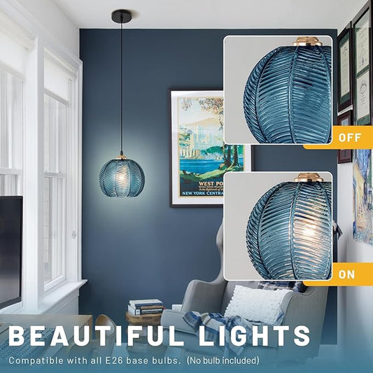 Dark Blue Striped Glass Pendant Light Adjustable Hanging Light Vintage Industrial Ceiling Hanging Fixture for Kitchen Island, Dining Room, Bar, Entryway