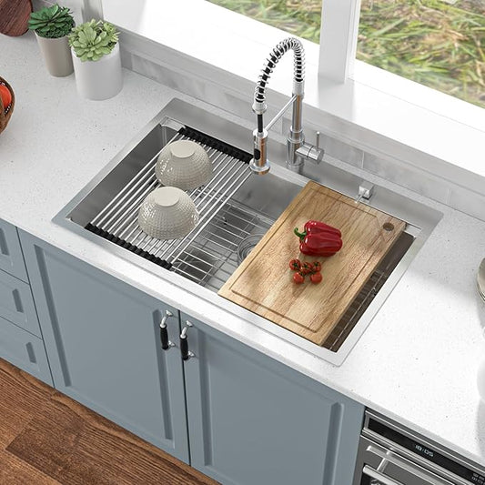 30 Drop In Kitchen Sink - Oumuch 30x22 Inch Stainless Steel Drop In Single Ledge Workstation Sink 16 Gauge Single Bowl Topmount Sink, 30"x22"x9"