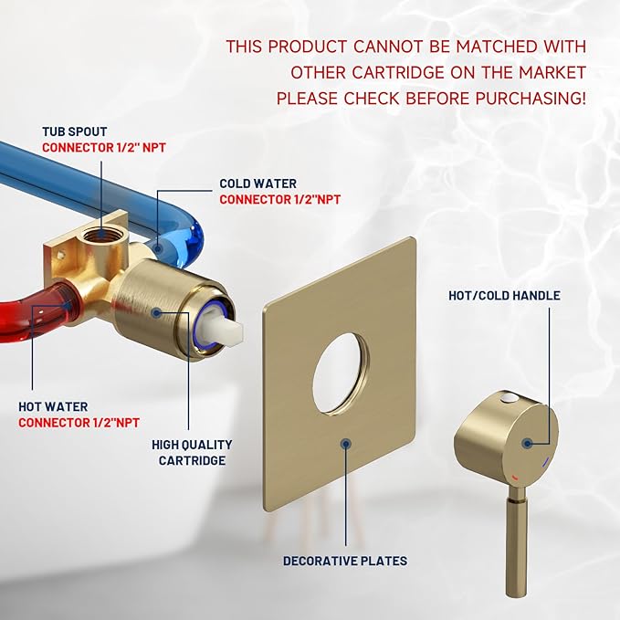 BWE Wall Mount Bathtub Faucet Brushed Gold Single Handle Modern Bathtub Faucet with Rough in Valve High Flow Filler Waterfall Tub Spout