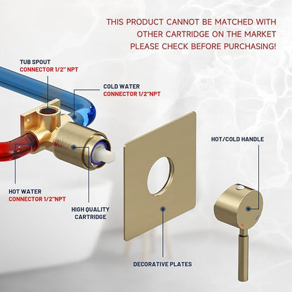 BWE Wall Mount Bathtub Faucet Brushed Gold Single Handle Modern Bathtub Faucet with Rough in Valve High Flow Filler Waterfall Tub Spout