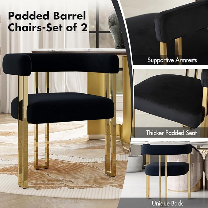 Hyfirm Black and Gold Modern Dining Chairs Set of 2, Velvet Upholstered Barrel Armchairs with Metal Legs for Kitchen Island, Mid Century Accent Chairs for Dining Room Living Room, Open-Back
