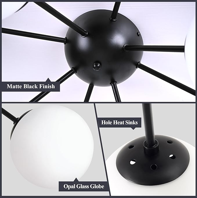 Bagood 8 Light Mid Century Modern Semi Flush Mount Ceiling Light Fixture Globe Ceiling Light Sputnik Chandelier with Milk Glass Shade Matte Black Finish for Bedroom Hallway Dining Room Living Room