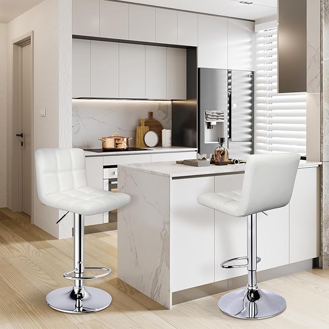 ERGOSEAT Bar Stools Set of 2,Armless Adjustable Swivel Barstools with Back,6-Squares Double Needle PU Leather Counter Height Bar Stools for Kitchen Island,White