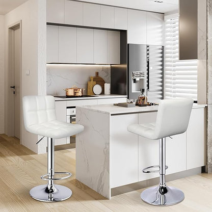ERGOSEAT Bar Stools Set of 2,Armless Adjustable Swivel Barstools with Back,6-Squares Double Needle PU Leather Counter Height Bar Stools for Kitchen Island,White