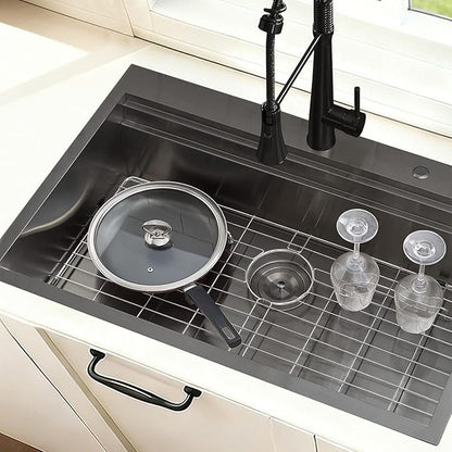 SHACO 33x22 Black Drop In Kitchen Sink, 33 Inch Topmount Gunmetal Black Stainless Steel Single Bowl Overmount Double Ledges Workstation Sink with Accessories
