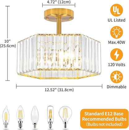 TOULMJ Crystal Semi Flush Mount Ceiling Light, 3-Light Modern Close to Ceiling Light Fixtures, Gold Hallway Light Fixtures Flush Mount Chandelier for Entryway Kitchen Bedroom Dining Laundry Room
