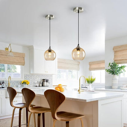 Light Brown Glass Pendant Lights Kitchen Island Globe Pendant Light Fixtures Modern Pendant Lighting for Bedroom Living Dining Room Light Fixture (5.9 in, 2 Pack)