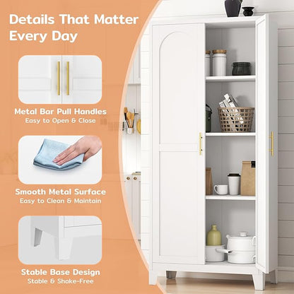 Zevemomo 61" H Metal Kitchen Pantry Cabinet, Freestanding Cupboard with 2 Doors and 3 Adjustable Shelves, Tall Metal Storage Cabinet for Kitchen, Bathroom, Dinning Room or Laundry Room （White）