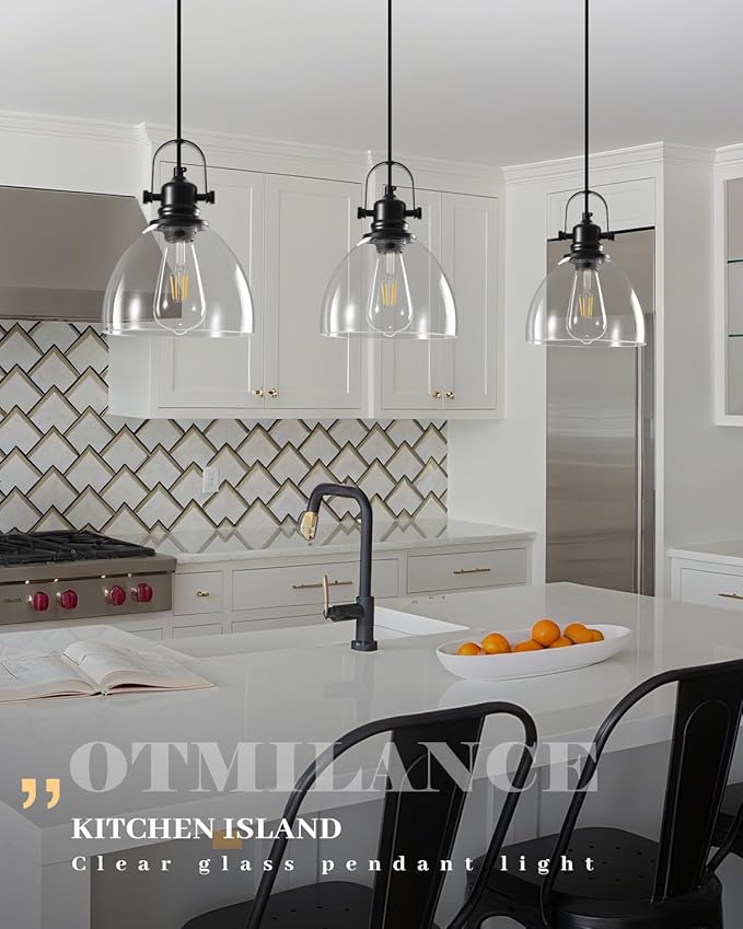 Black Pendant Lights Kitchen Island, 7.5'' Modern Glass Pendant Light 2 Pack, Farmhouse Pendant Lights with Clear Glass Shades, Hanging Island Pendant Lights for Kitchen, Bedroom, Bathroom