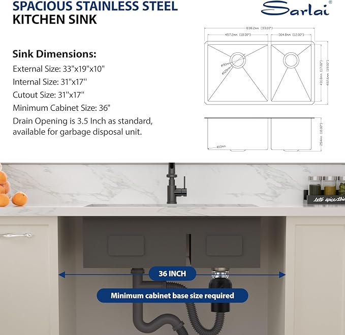 Sarlai 33 Inch Black Undermount Kitchen Sink Double Bowl 33 x 19 Inch Low Divided Gunmetal Black Workstation Double Kitchen Sink Stainless Steel 16 Gauge 60/40 Sinks Basin