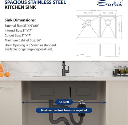 Sarlai 33 Inch Black Undermount Kitchen Sink Double Bowl 33 x 19 Inch Low Divided Gunmetal Black Workstation Double Kitchen Sink Stainless Steel 16 Gauge 60/40 Sinks Basin