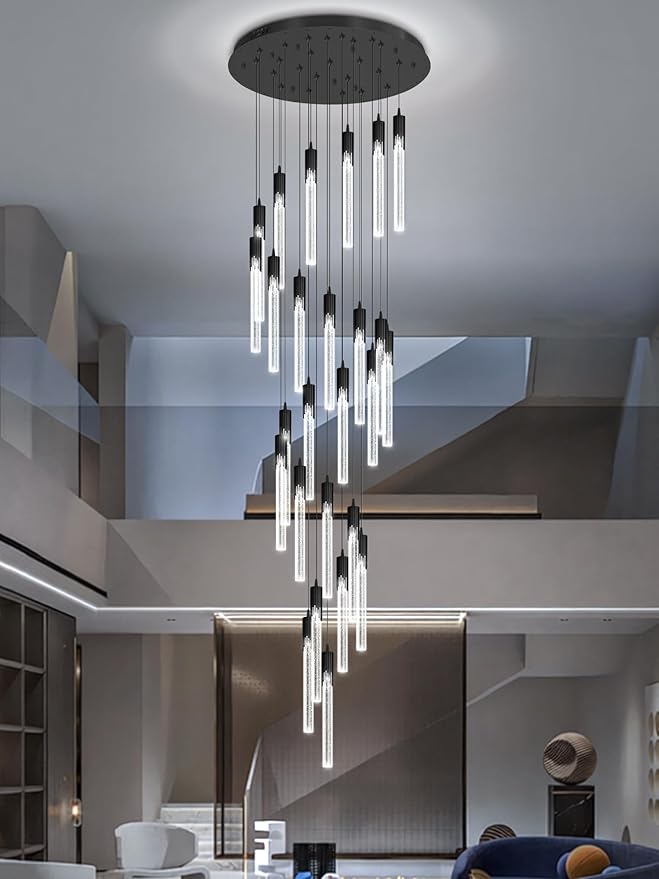 Flashing God Black 28 Lights Large Foyer Chandeliers for High Ceilings 12 feet Long Spiral Stair Pendant Chandelier Crystal Ceiling Light Fixtures Dimmable 2700k-4500k-6000k
