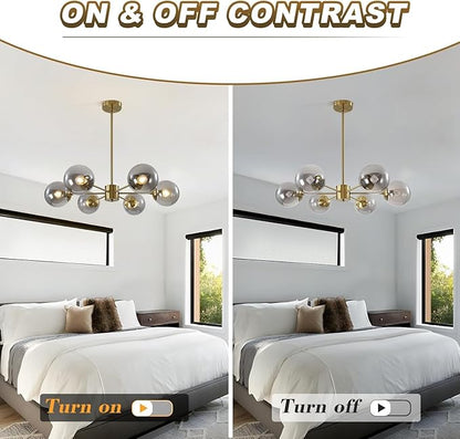 KCO Lighting Gold Globe Chandelier Smoke Bubble Glass Ball Pendant Lighting Fixture Modern 6-Light Brushed Brass Sputnik Chandelier Light Mid Century Hanging Ceiling Lamp for Living Room